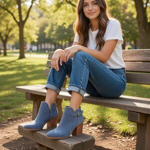 Marc Fisher Blue Suede Omvandy Ankle Bootie, Size 7.5